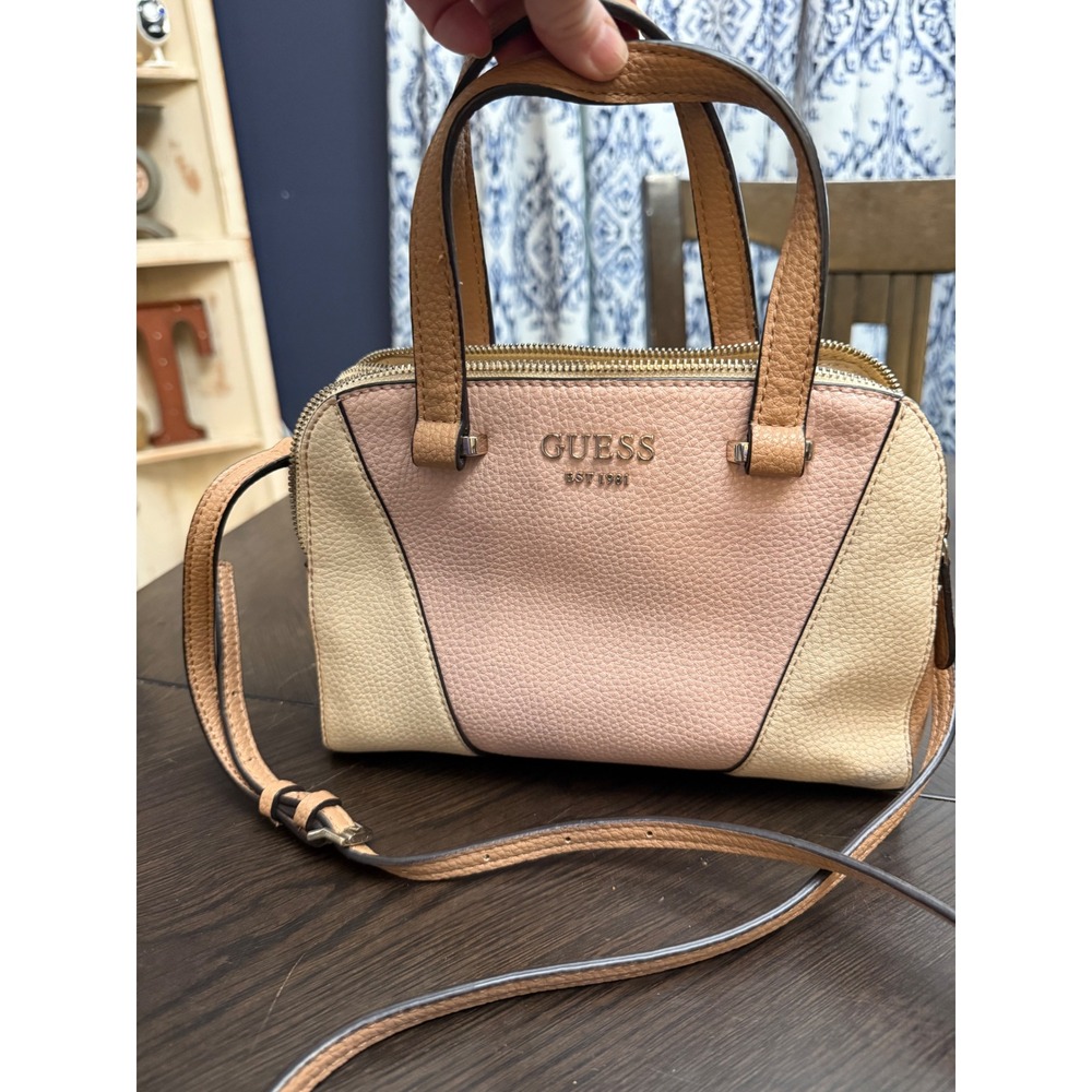 Guess Colorblock Satchel‎ Handbag Pink Cream Tan Pebbled Crossbody Bag
